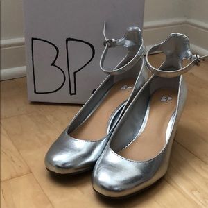 BP metallic silver boxes heels